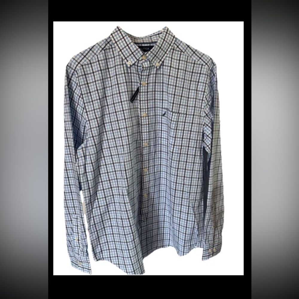 Nautica Men's Blue Plaid Dress Shirt Size M Medium MSRP 79.50